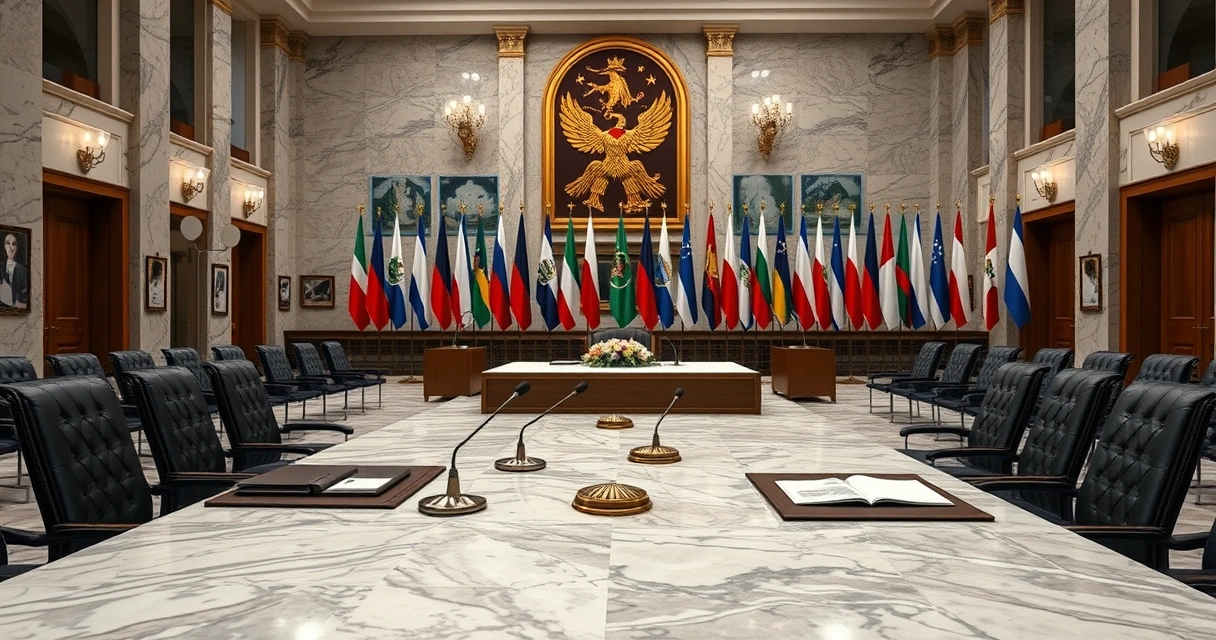 Formal signing hall, illustrating the Mecca Joint Defence Agreement signed by Türkiye, Saudi Arabia and Pakistan